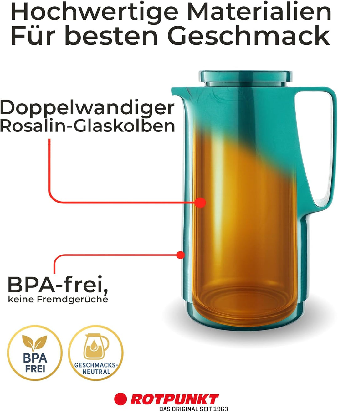 ROTPUNKT Isolierkanne 1L - Premium Kaffekanne Made in Germany I Hält bis zu 24 Std heiss I Warmhalte