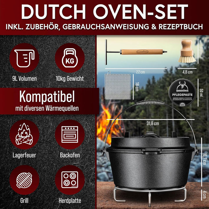 Dutch Oven Set–Eingebrannter Dutch Oven 9L [6-10 Person]–Feuertopf Gusseisen ohne Füsse–Schmortopf D