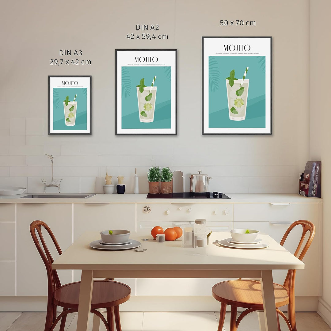 JUNOMI® Mojito Poster DIN A2, Cocktail, Longdrink, Bar, Getränke, Cocktail Set | mit Rahmen Natur DI