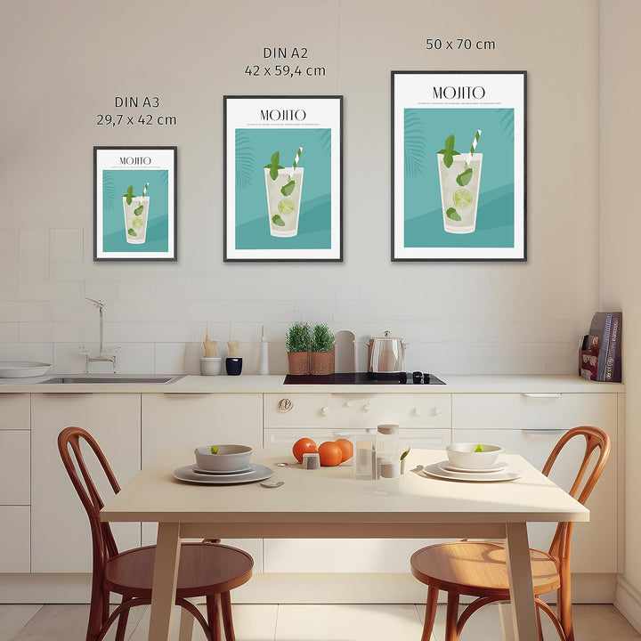 JUNOMI® Mojito Poster DIN A2, Cocktail, Longdrink, Bar, Getränke, Cocktail Set | mit Rahmen Natur DI