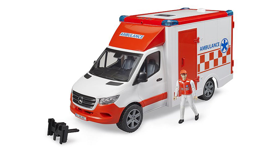 bruder 02676 - Mercedes-Benz Sprinter Ambulanz integriertes Light & Sound Modul Krankentrage Fahrer