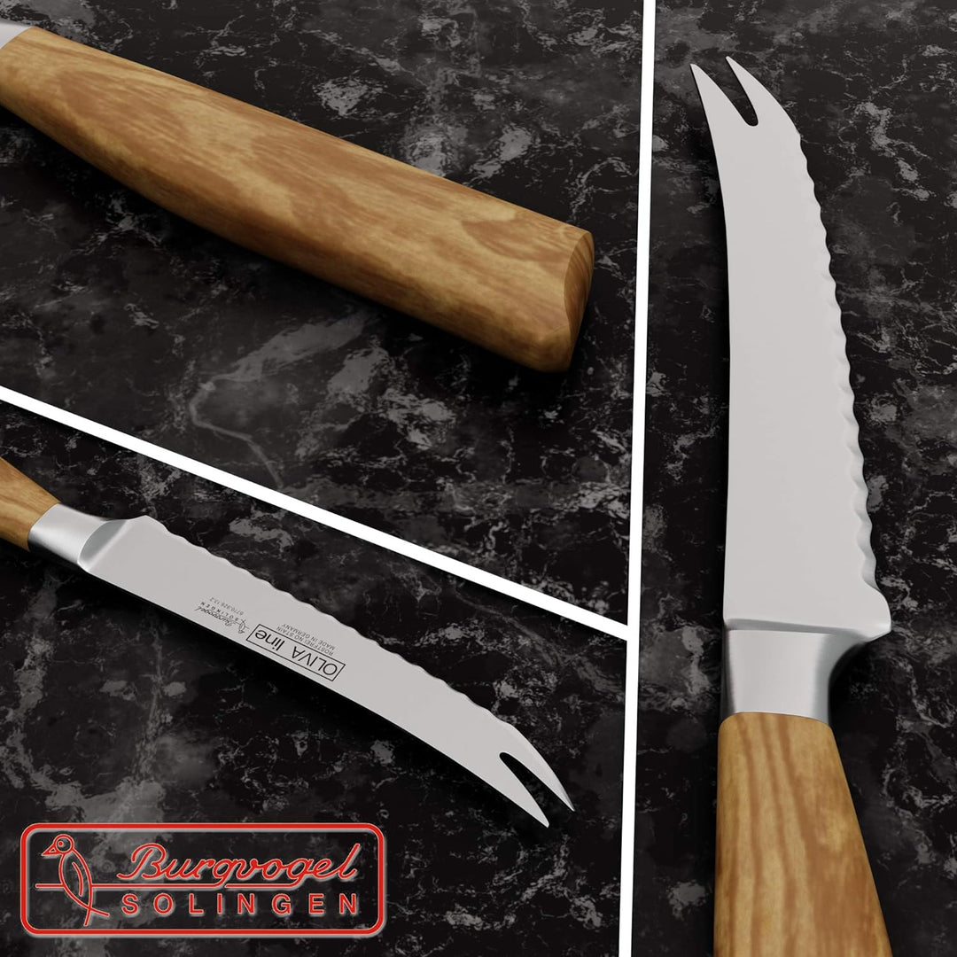 Burgvogel Solingen Tomatenmesser 13 cm geschmiedet Olivenholz, Oliva Line, Wellenschliff, rostfrei,