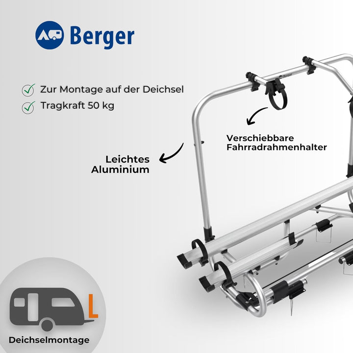 BERGER Fahrradträger Deichsel Wohnwagen | Premium 2XL Deichsel Fahrradträger für 2 Fahrräder bis 50k