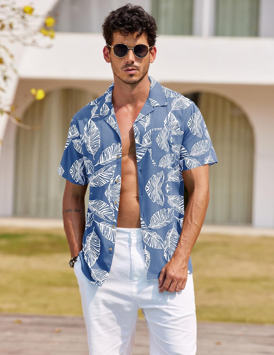 COOFANDY Hawaii Hemd Männer Kurzarm Sommer Fronttasche Hawaii-Print Freizeit Funky Baumwolle Hawaiih