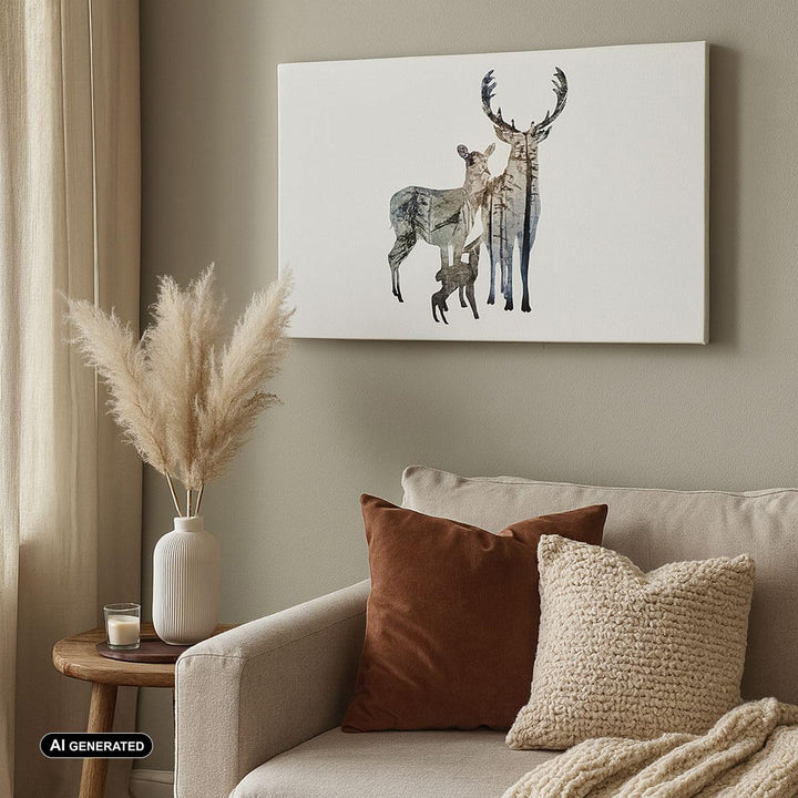 Bilder auf Leinwand 100x70cm Leinwandbild Deer Familie Wildheit Illustration Gross Wanddeko Bild Sch