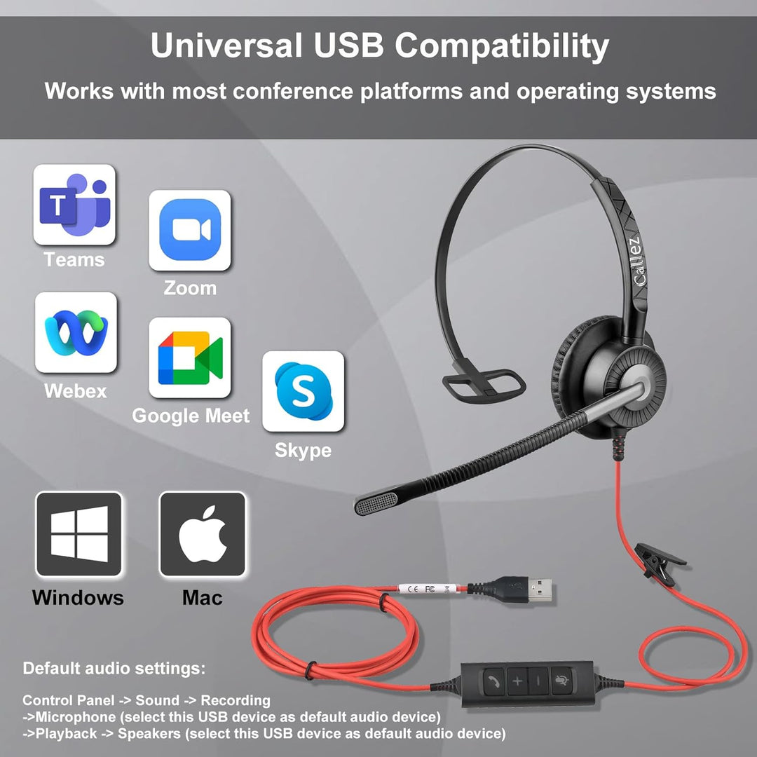 Callez G700TA USB Headset mit Mikrofon Noise Cancelling Business Kopfhörer mit Kabel für PC Laptop (