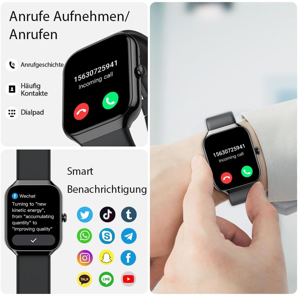 Smartwatch Damen Herren,1,96"HD Smartwatch Bluetooth-5.4-Anrufe,115+ Sportmodi Fitnessuhr, IP68 Wass