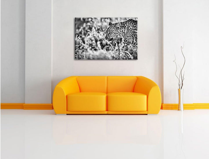 Pixxprint Jagender Leopard / 100x70cm Leinwandbild bespannt auf Holzrahmen/Wandbild Kunstdruck Dekor