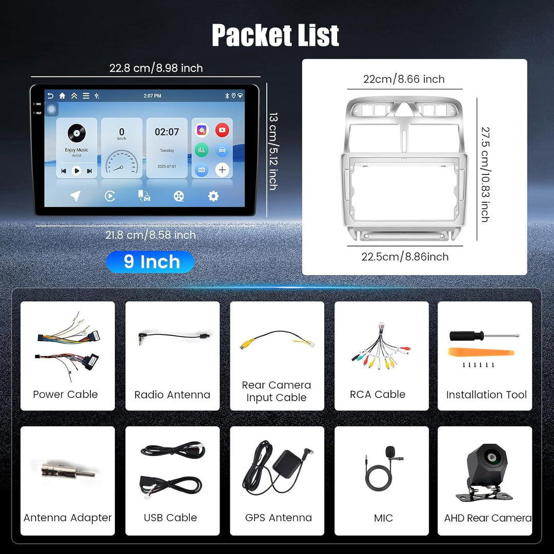 Hikity 4+64G Android 15 Autoradio für Peugeot 307 SW CC (2002-2013), 9" Bildschrim Radio mit Wireles