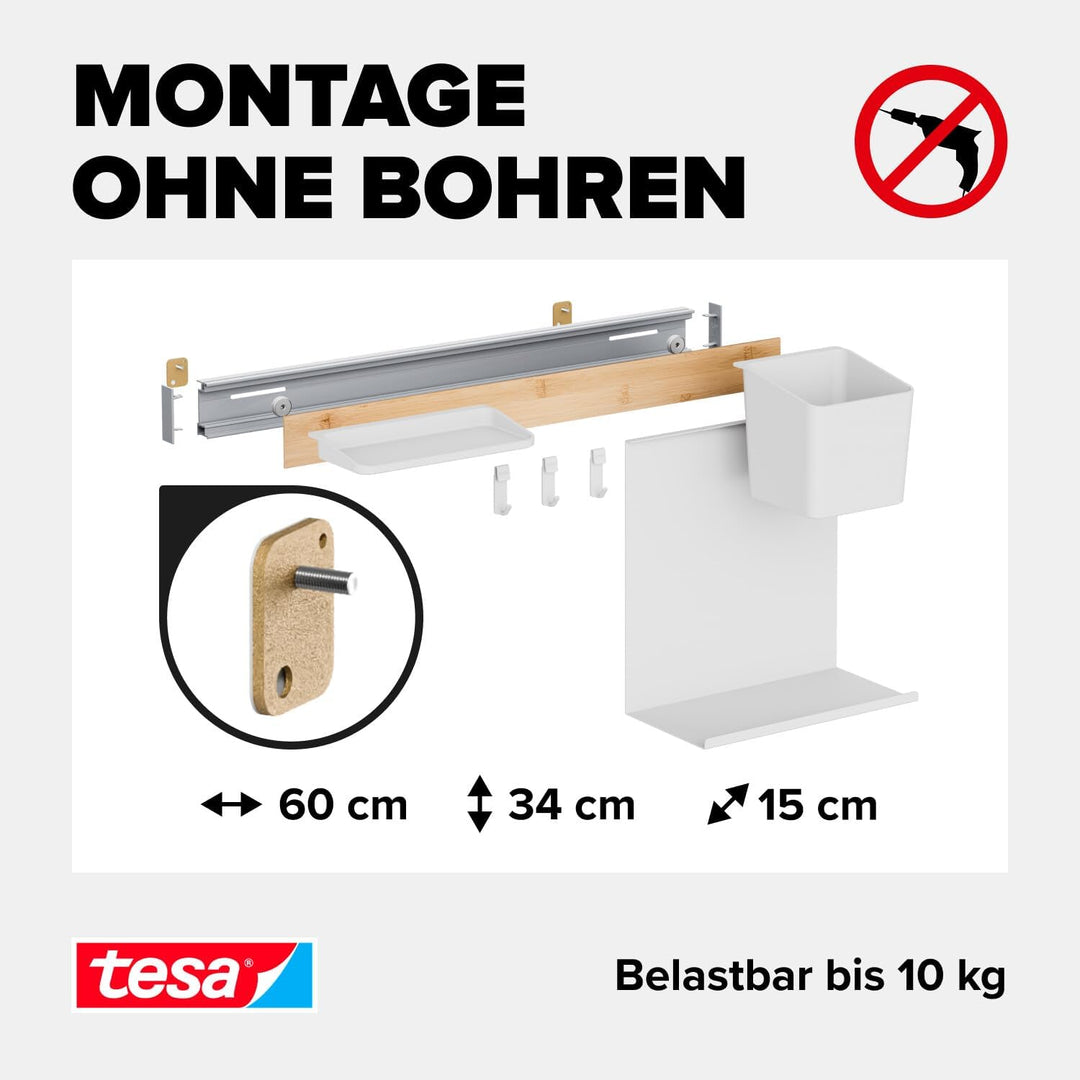 tesa Küchen-Organizer Kombi-Set S - selbstklebende Küchenleiste mit Kräutertopf, 2 Ablagen, Hakenlei
