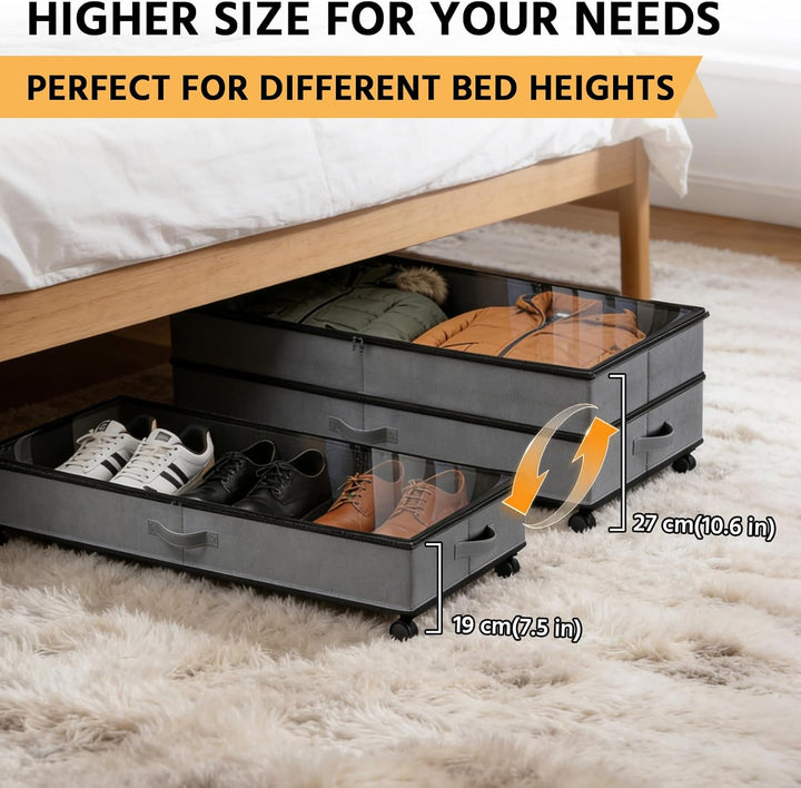 JAOGAUS Unterbett-Aufbewahrungsboxen auf Rollen, 2er-Set 75L Unterbett-Organizer mit Deckel, Höhenve