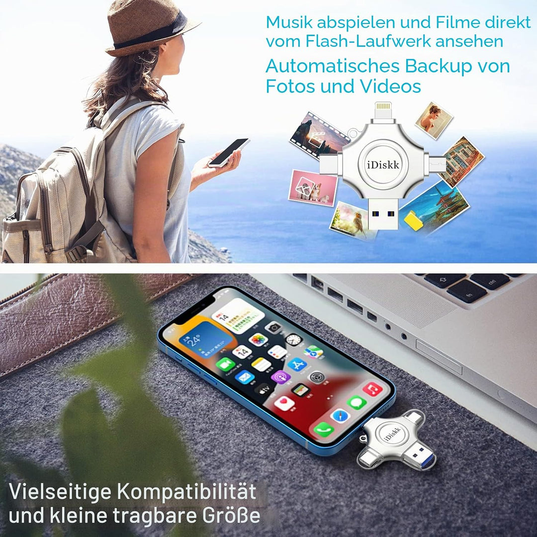 iDiskk zertifizierte Lightning-Festplatte, 128 GB, MFi für iPhone, 4-in-1, USB-Speicher, für iPhone/