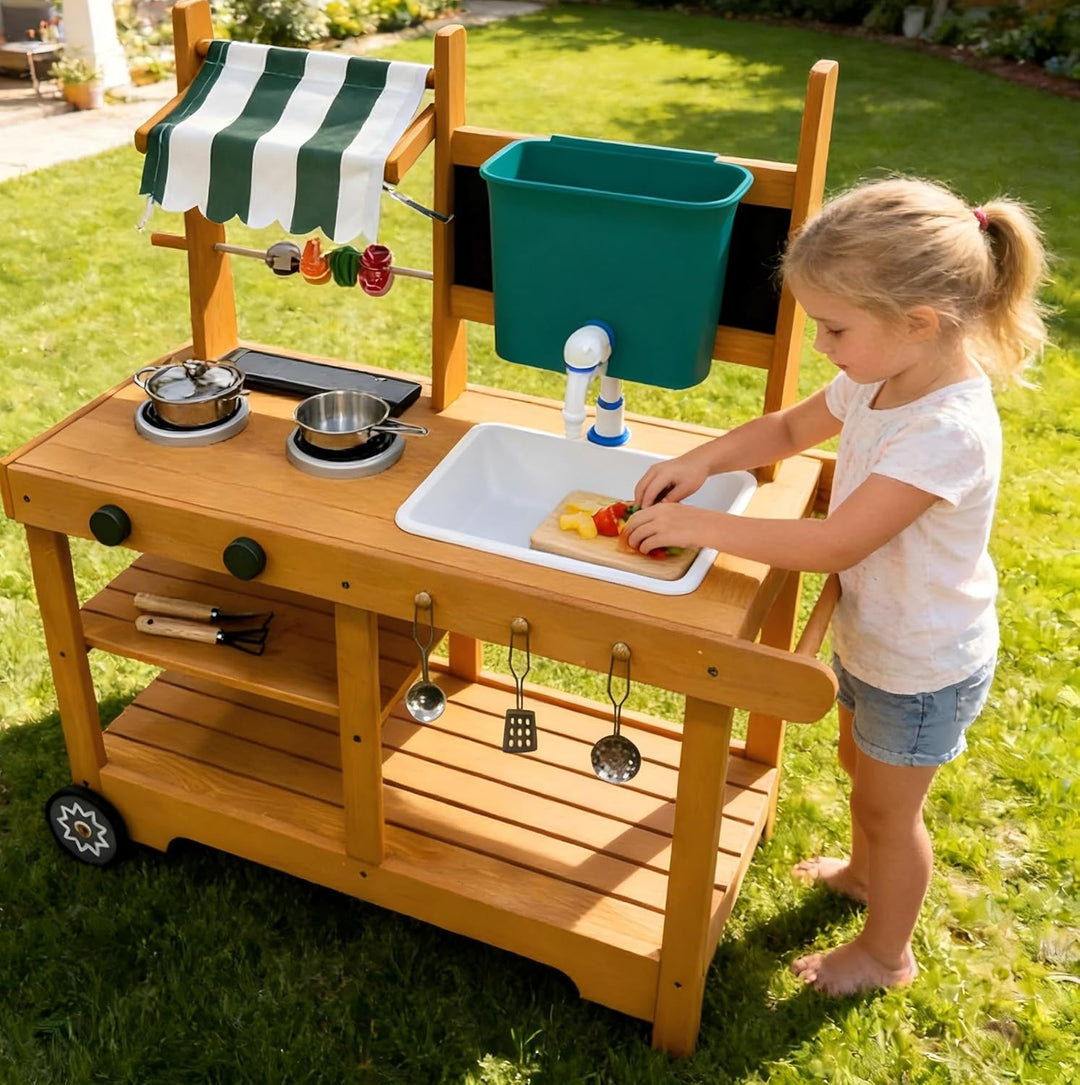 ROBOTIME Mud Kitchen Outdoor Spielset für Kinder, Spielküche mit rollenden Rädern, Schiebegriff, dre