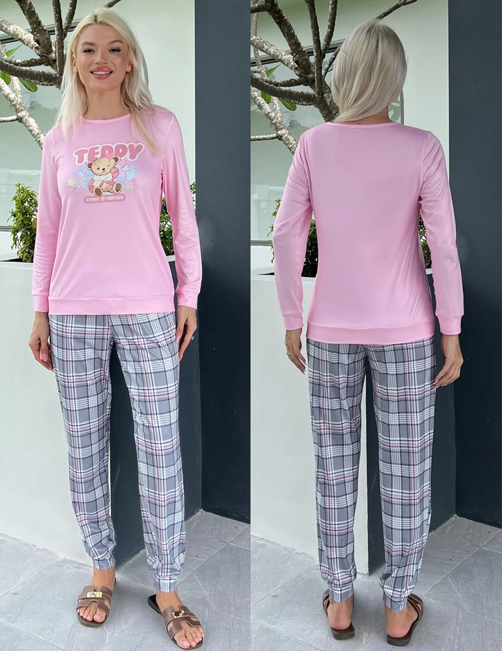 Ekouaer Schlafanzug Damen Lang Kuschelig Pyjama Set mit Bündchen Kariert Pyjamahose mit Tasche Pink