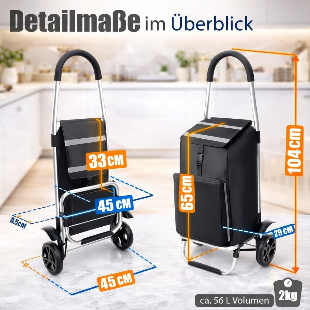 Einkaufstrolley klappbar 56L mit separatem Kühlfach 5L - Einkaufsroller mit Abnehmbarer regenfester