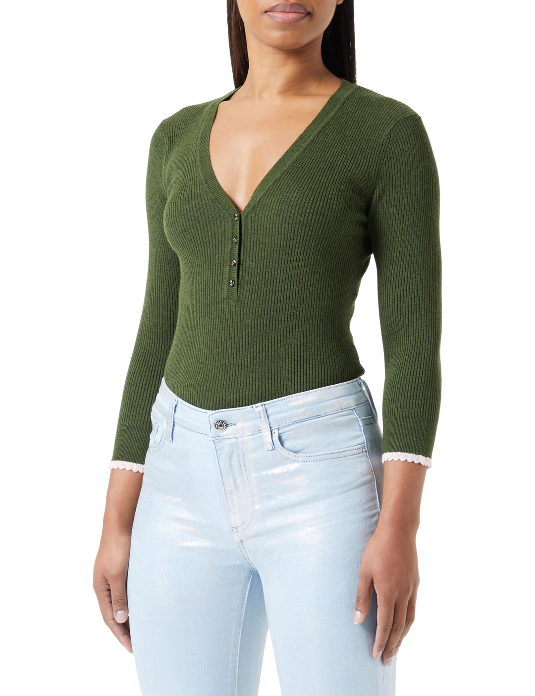 Scotch & Soda Damen Button Detail Skinny Rib Pullover S Field Green Melange, S Field Green Melange