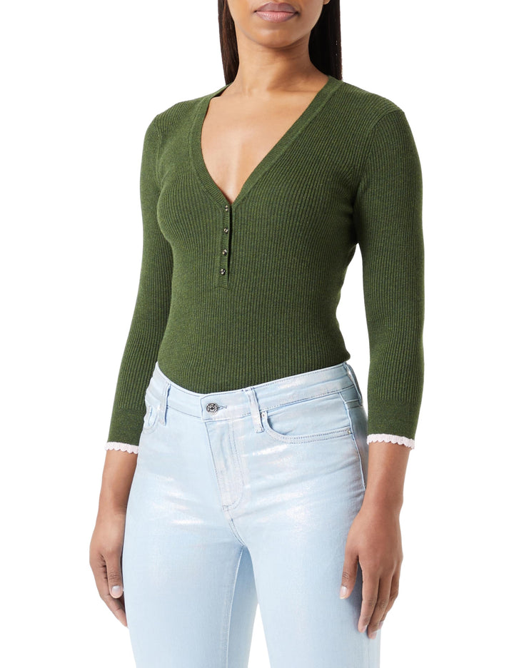 Scotch & Soda Damen Button Detail Skinny Rib Pullover S Field Green Melange, S Field Green Melange