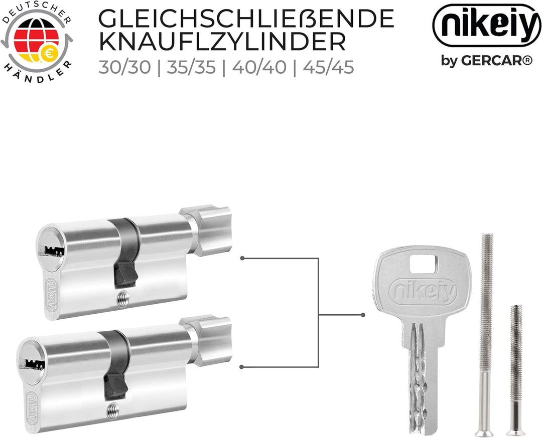 GERCAR Knaufzylinder Gleichschliessend 2 Stück Schliesszylinder Profilzylinder 45/45 Türschloss - in