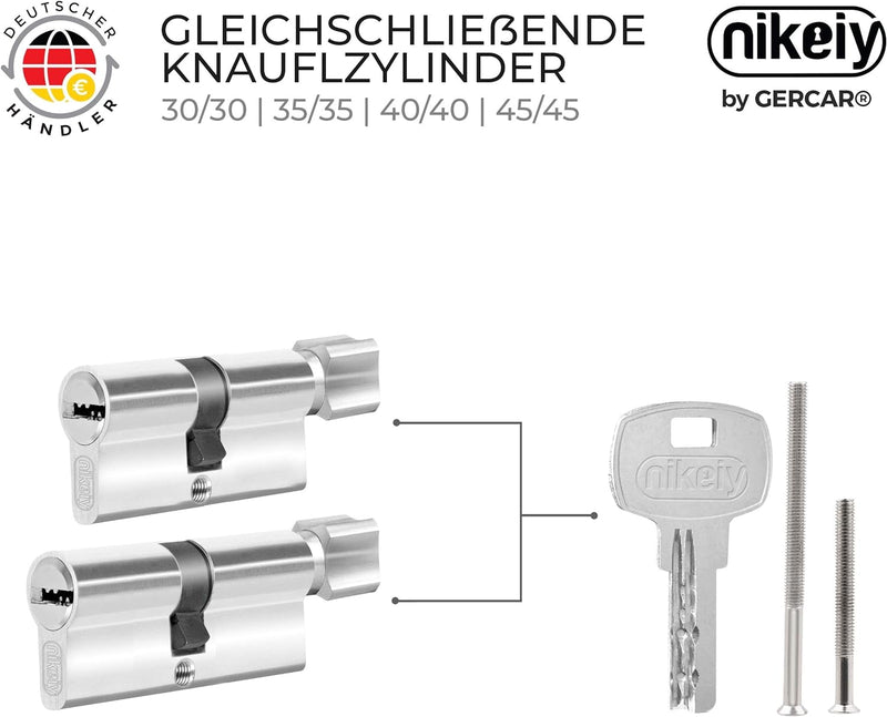 GERCAR Knaufzylinder Gleichschliessend 2 Stück Schliesszylinder Profilzylinder 45/45 Türschloss - in
