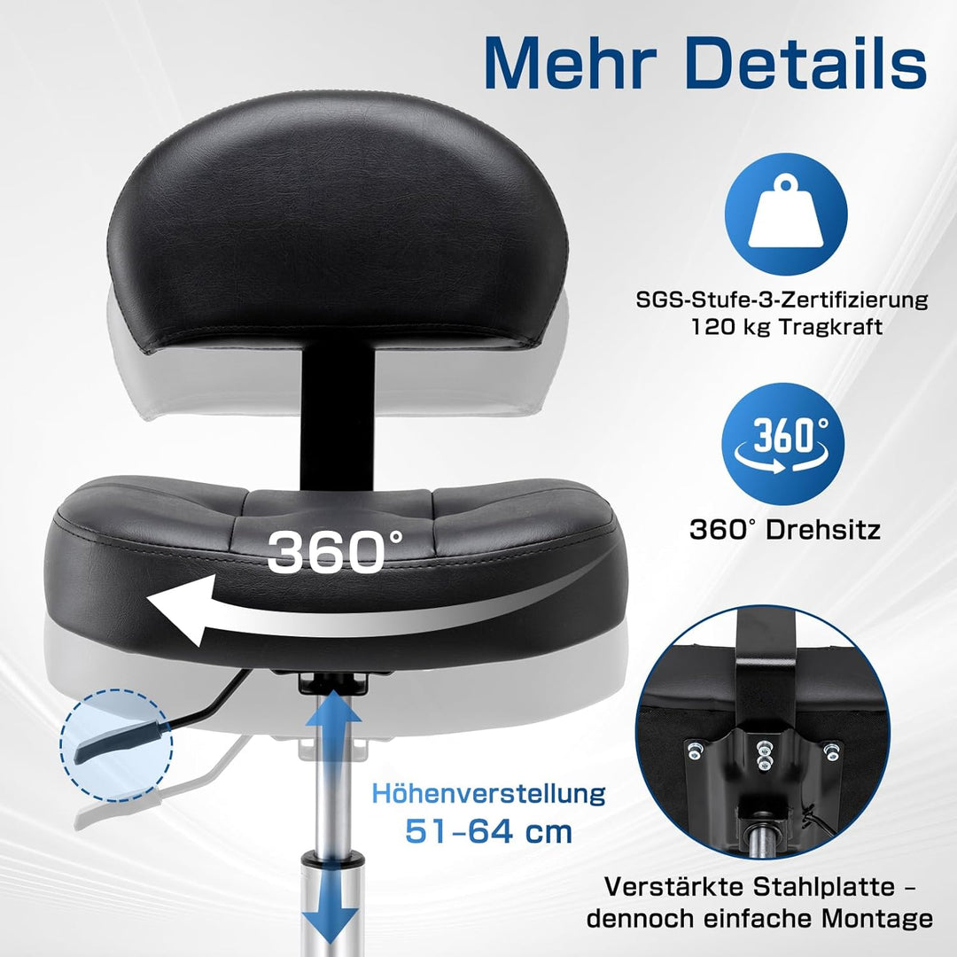 Rollhocker mit Lehne - Hocker mit Rollen und breitem, rechteckigem Sitzkissen | Rollhocker höhenvers