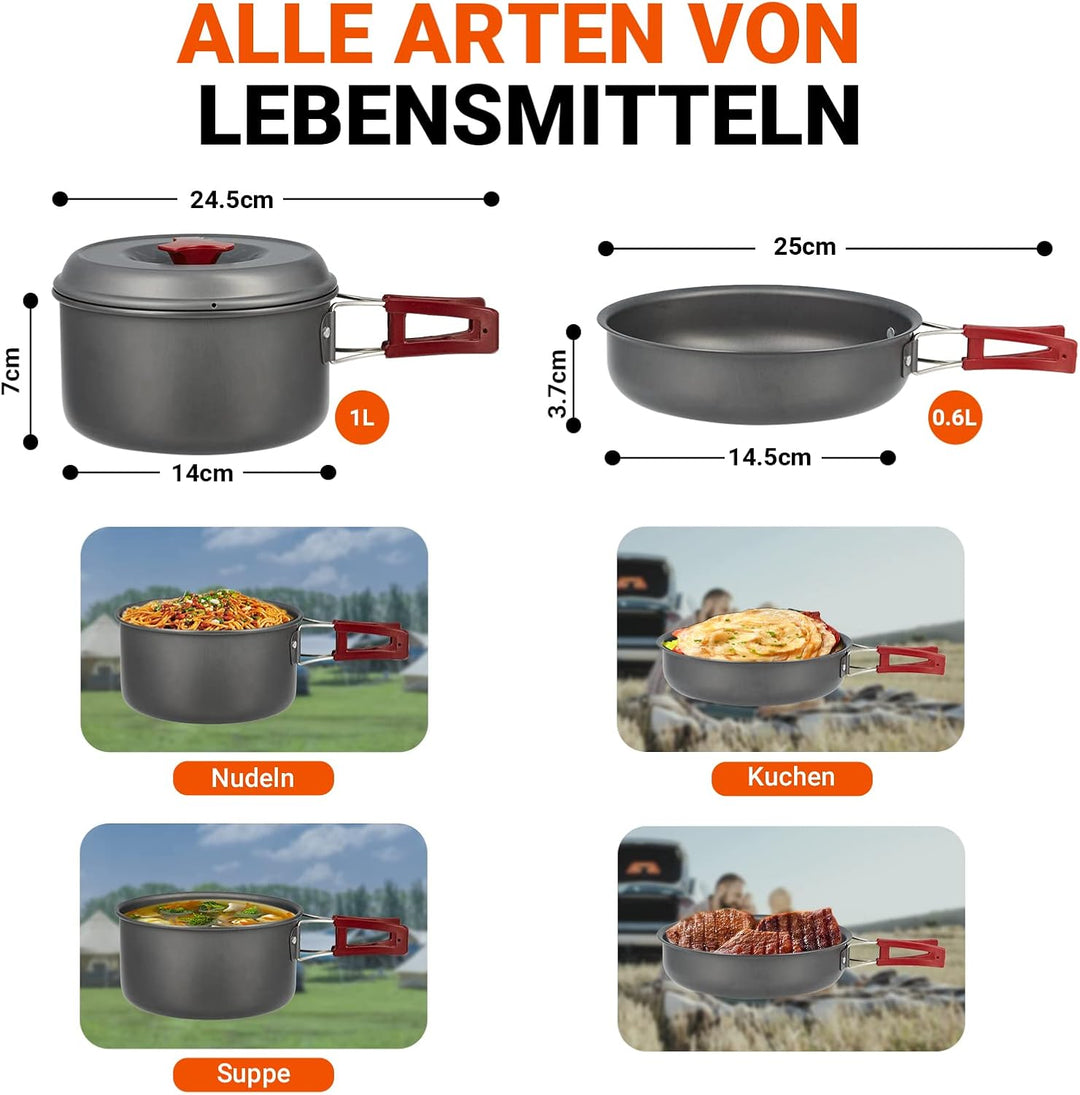 Bulin Camping Kochgeschirr Set,Outdoor Geschirr Set Aluminium,Camping Töpfe und Pfannen für 1-2 Pers
