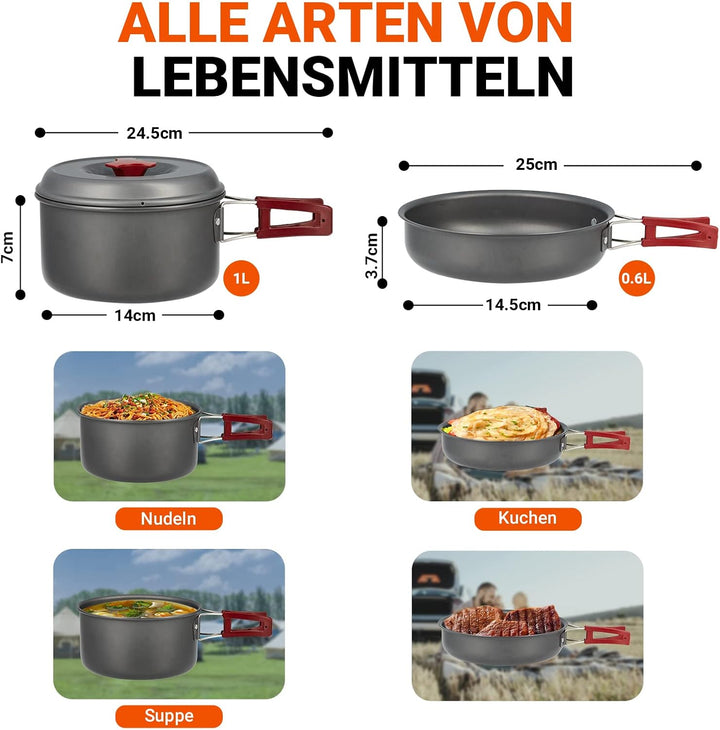 Bulin Camping Kochgeschirr Set,Outdoor Geschirr Set Aluminium,Camping Töpfe und Pfannen für 1-2 Pers