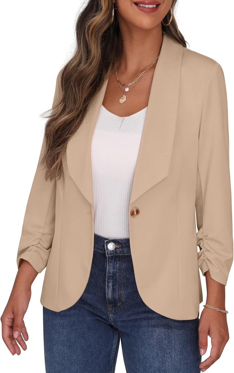 PrinStory Blazer Für Damen 3/4 Geraffte Ärmel Blazer Geschäft Büro Blazer Anzug Sportlich Jack Trenc