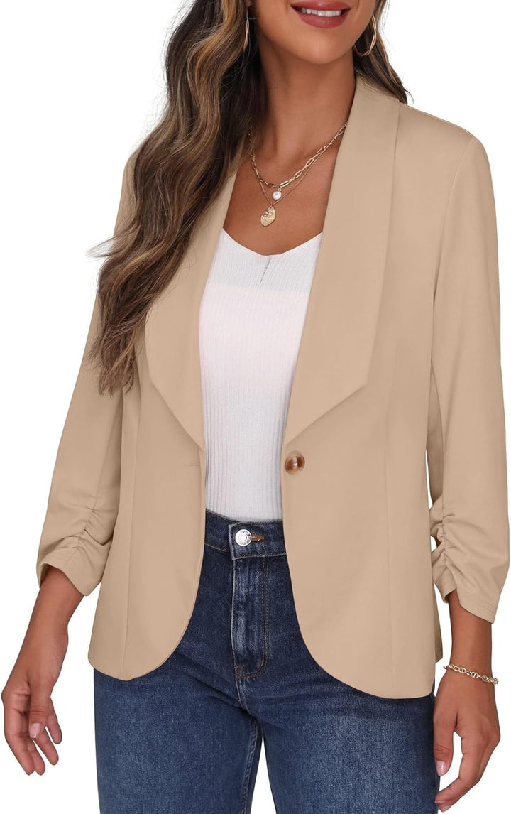 PrinStory Blazer Für Damen 3/4 Geraffte Ärmel Blazer Geschäft Büro Blazer Anzug Sportlich Jack Trenc