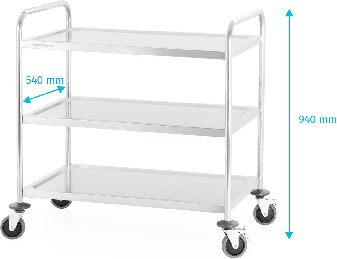 TECHNICA PRESTONA Servierwagen Edelstahl 3 Etagen mit Rollen & Bremse Rundgriff 860x540x940mm Rollwa