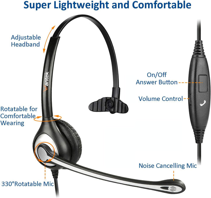 Wantek Mono-Headset mit Mikrofon für Laptop, PC-EIN-Ohr-Kopfhörer 3,5mm Klinke & 2,5mm Adapter,Geräu
