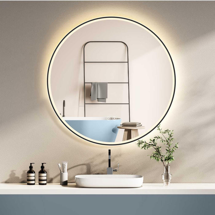 HOKO Design ANTIBESCHLAG Badspiegel rund 60 cm mit Metall Rahmen Matt Schwarz. Runder Bad Wandspiege