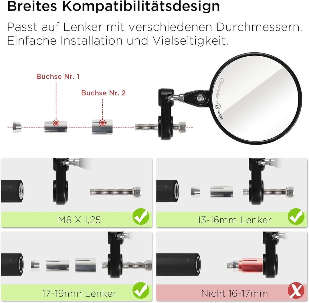 evermotor Motorrad Spiegel, Lenkerendenspiegel E-geprüft, 360°Drehbar, Runde kompatibal mit Scooter,