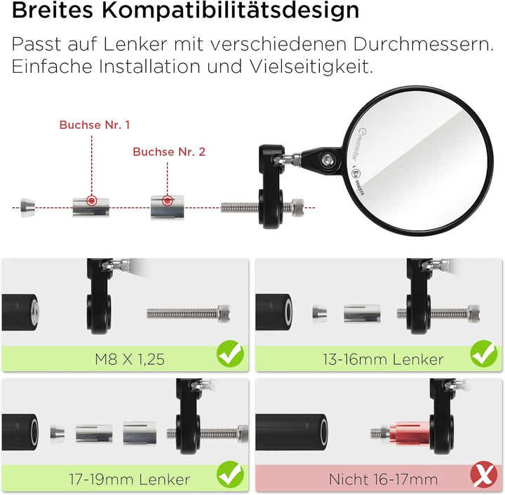 evermotor Motorrad Spiegel, Lenkerendenspiegel E-geprüft, 360°Drehbar, Runde kompatibal mit Scooter,