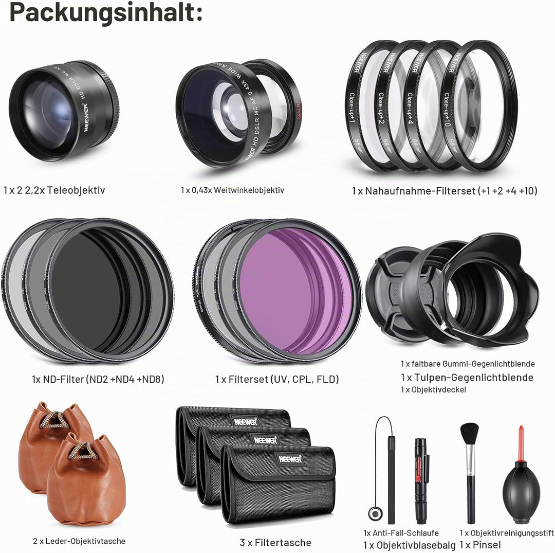 NEEWER 58mm Objektiv und ND Filter Set Weitwinkel/2,2 Fach Teleobjektiv für 18mm 85mm APS C Objektiv