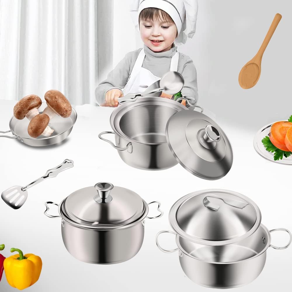 Edelstahl Pretending Cooking Utensils Kochgeschirr Set, Mini Play Kitchen Zubehör, Spielen Töpfe und