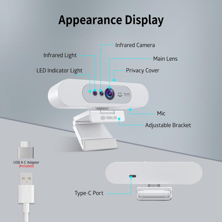 TOALLIN 4K UHD Webcam für PC, Windows Hello kompatible Kamera, Gesichtserkennung, Autofokus, integri
