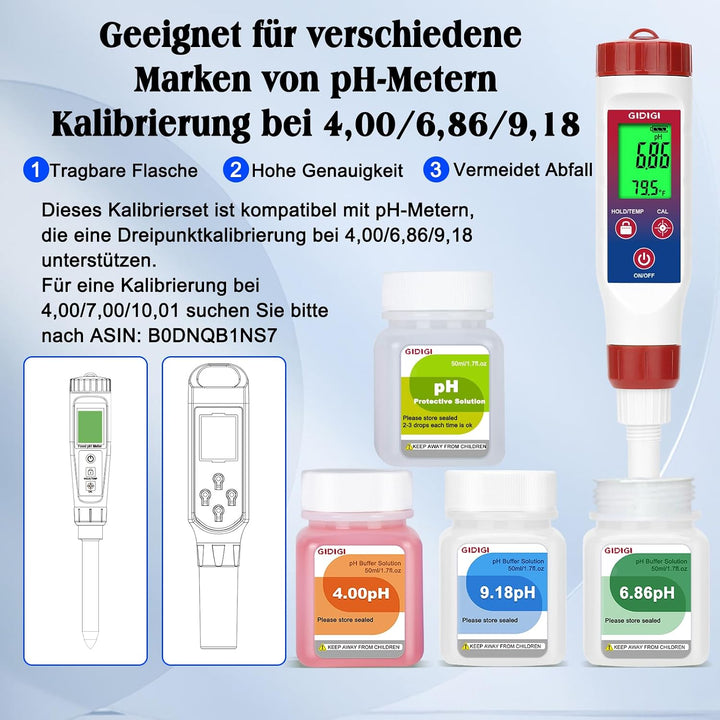 pH Pufferlösung 4,00/6,86/9,18, pH Kalibrierset mit Reinigungslösung, kleine, tragbare Verpackung, v