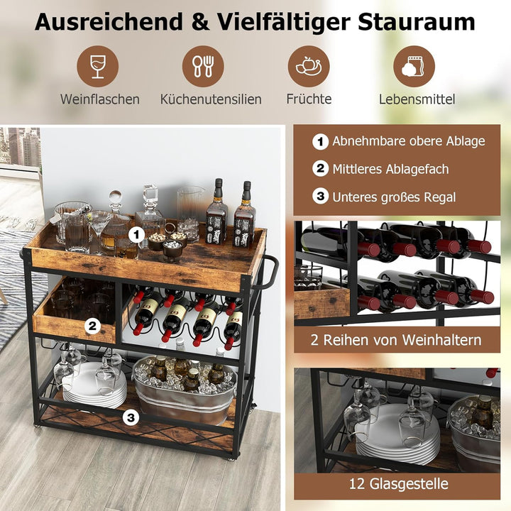GOPLUS 3-stöckiger Servierwagen, mobiler Barwagen mit 8-Flaschen Weinregal und 12 Glashalter, Küchen