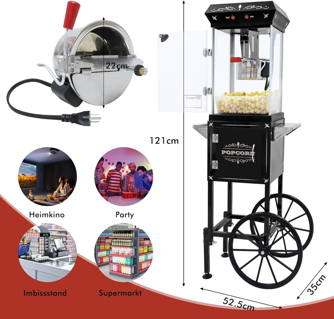 Popcornmaschine mit Wagen 8 OZ Kessel Popcornmaschine Gross,Entnehmbarer Topf Popcornmaker Retro Pop