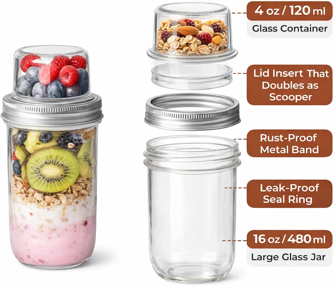 Müslibecher to Go aus Glas, 4er Set für Overnight Oats, 480+120 ml | Mit separatem Toppingfach für J
