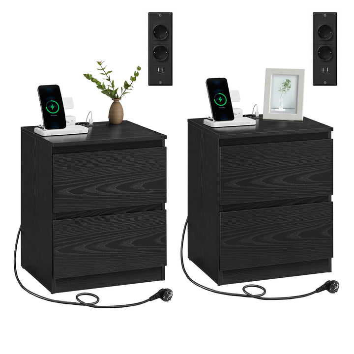 VASAGLE Kailyn Collection – 2er-Set Nachttisch mit Steckdosenleiste, Beistelltisch, 2 Schubladen, 2
