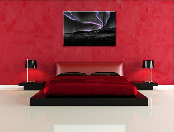 Polarlichter über Hügeln schwarz/weiss Format: 100x70 auf Leinwand, XXL riesige Bilder fertig gerahm