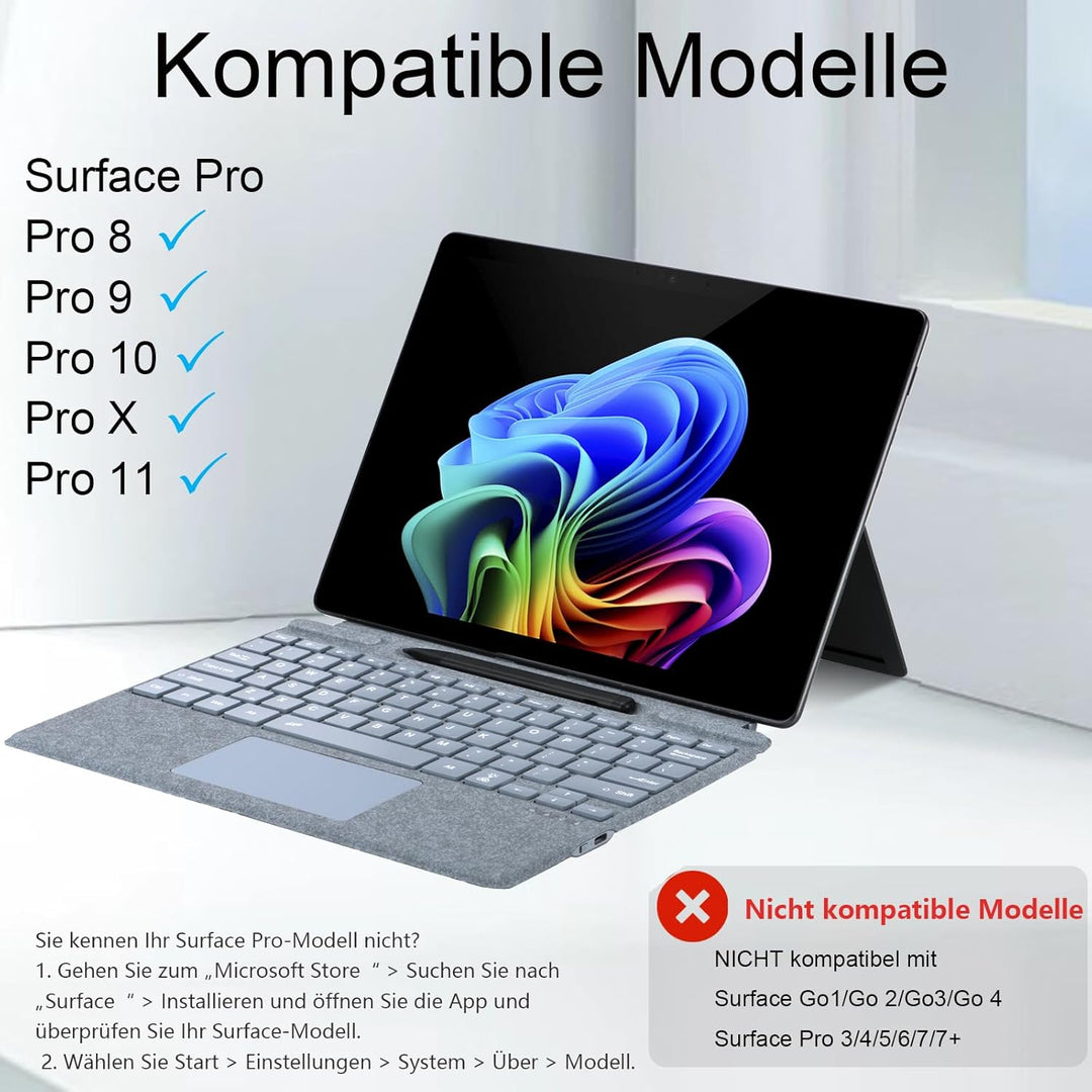 Bluetooth-Tastatur für Microsoft Surface Pro Copilot+ PC (11. Edition), kompatibel mit Pro 8 Pro 9 P