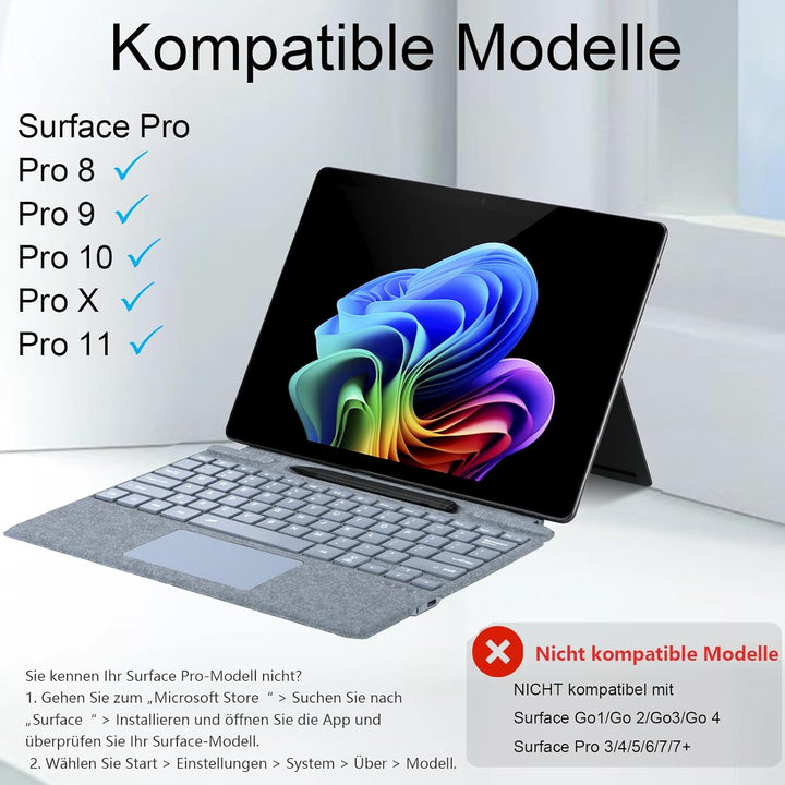 Bluetooth-Tastatur für Microsoft Surface Pro Copilot+ PC (11. Edition), kompatibel mit Pro 8 Pro 9 P