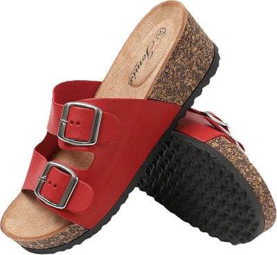 JOMIX Sommer Pantoletten Damen Clogs Leder Keilabsatz Sandalen Bequeme Kork Fussbett Meer Pool Stran