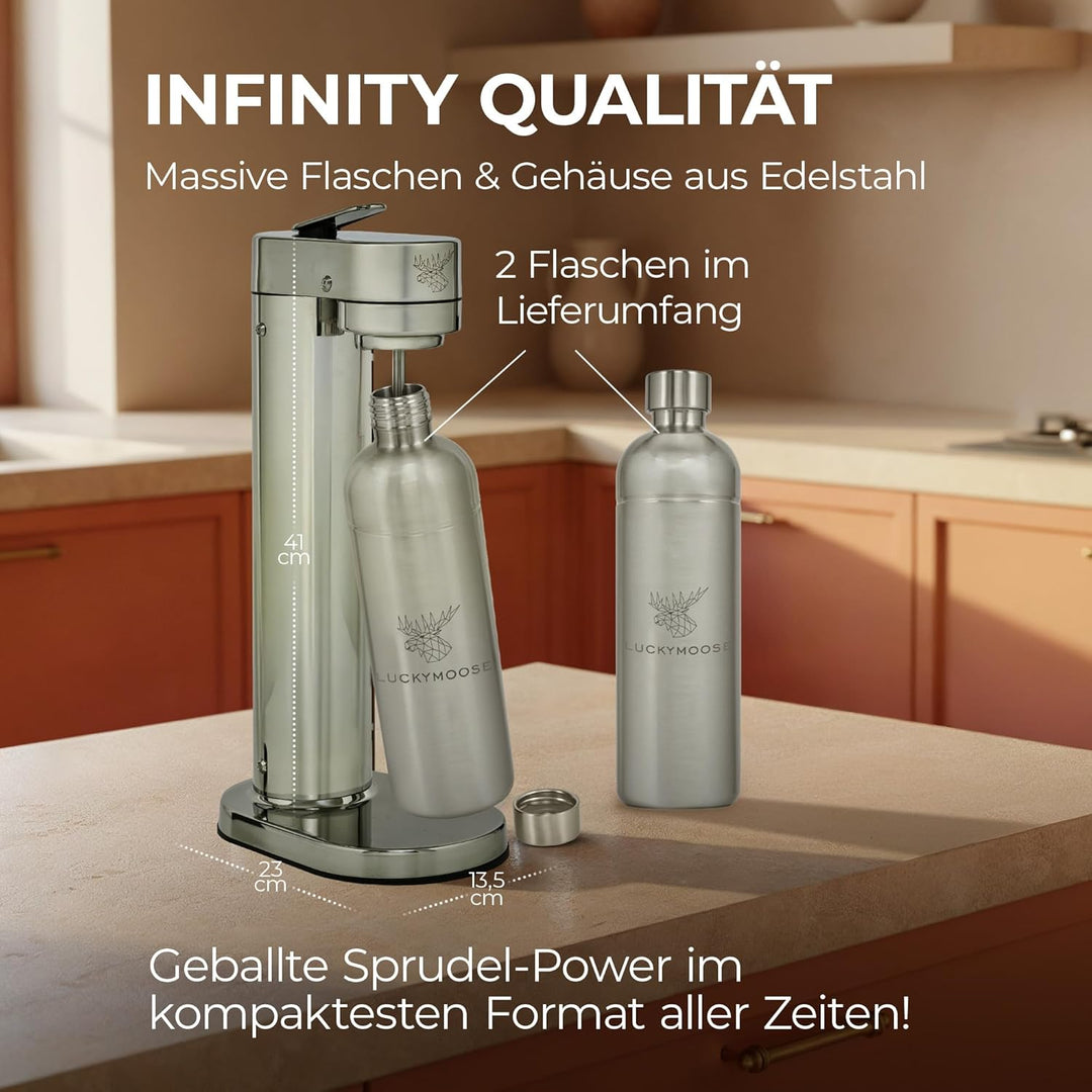 Infinity-S Wassersprudler aus hochwertigem Edelstahl (Silver/Silver) – inkl. 2x 1,25L Edelstahlflasc