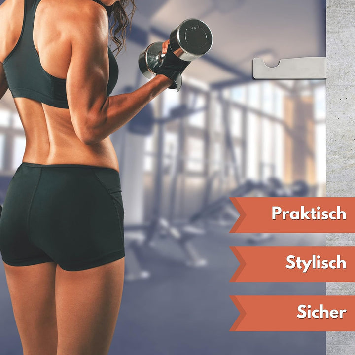 Wandhalterung für Kurzhanteln | Zeitlos schöne Optik aus Edelstahl | Über 50 kg Tragkraft | Für > 90