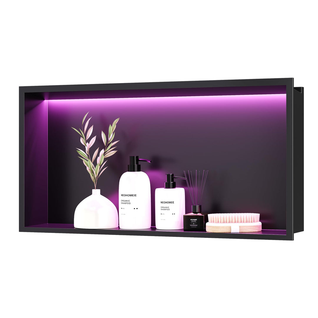 Wandnische Dusche Edelstahl mit RGB LED-Licht, Eingebettete Duschnische Schwarz Einzelregal Lagerung