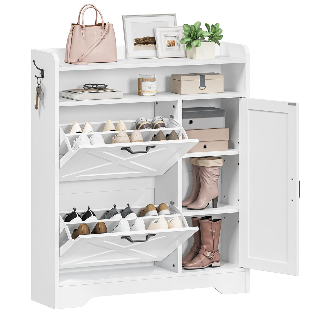 HOOBRO Schuhschrank, freistehend, Schuhregal mit 2 Schubladen und offenem Fach, Schuhkipper, schmal,