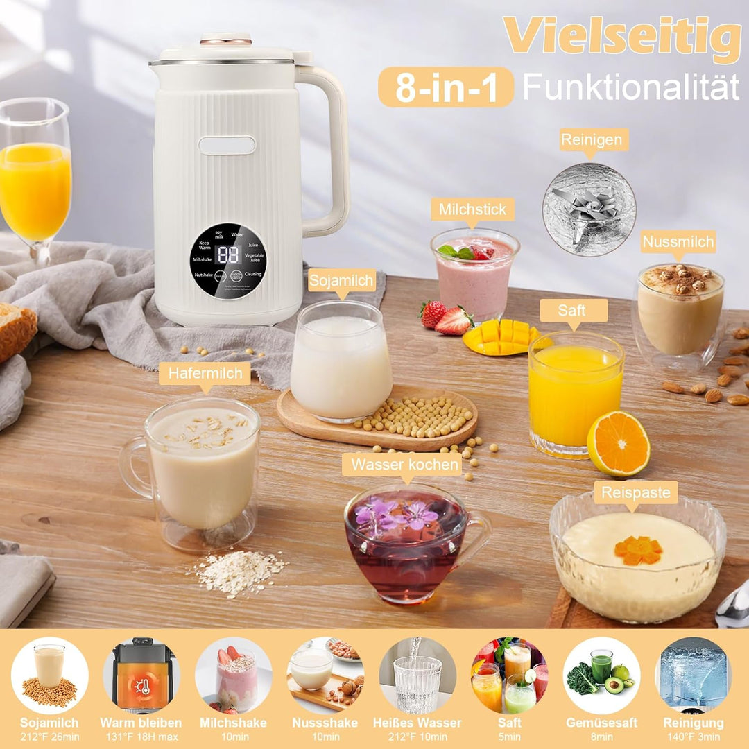 1200ml Sojamilch Maschine,Nussmilchmaschine 8-in-1, Automatische Mandelmilchmaschine mit 12 Klingen